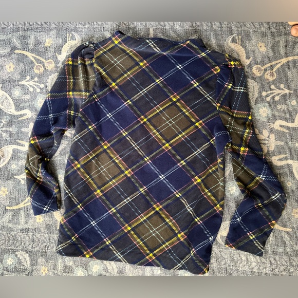 Talbots mock neck puff sleeve blue yellow plaid fleece top - Picture 2 of 5